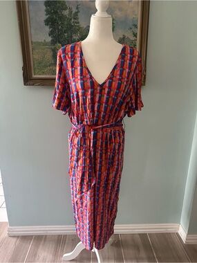 Anthropologie brand Red Multi-Color V-Neck Midi Dress